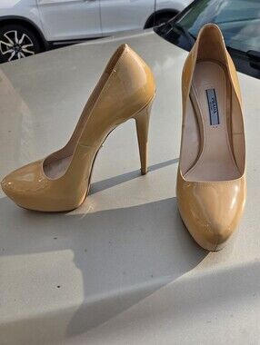 Prada Tan Patent Leather High Heel Pumps